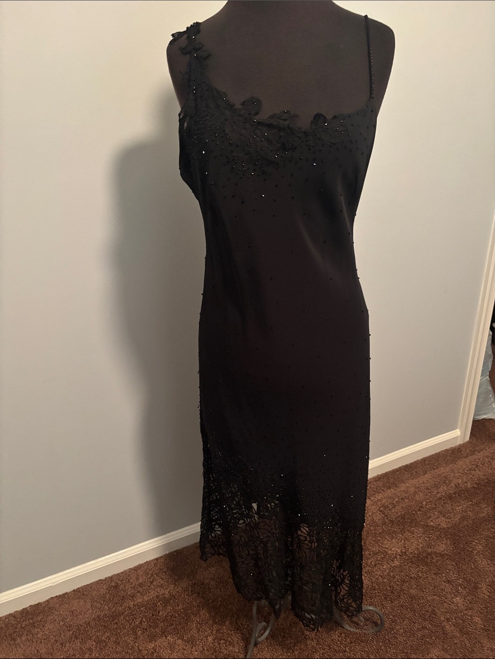 Lillie Rubin Black Beaded Lace-Trim Slip Maxi Dress